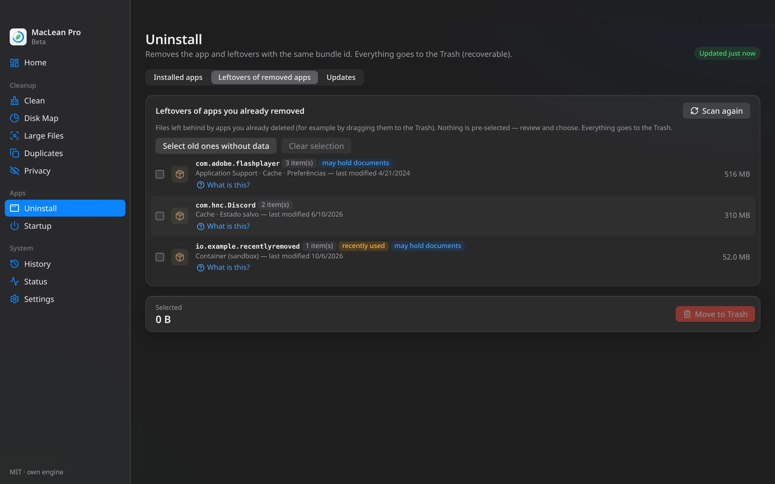 MacLean Pro — Leftovers of removed apps