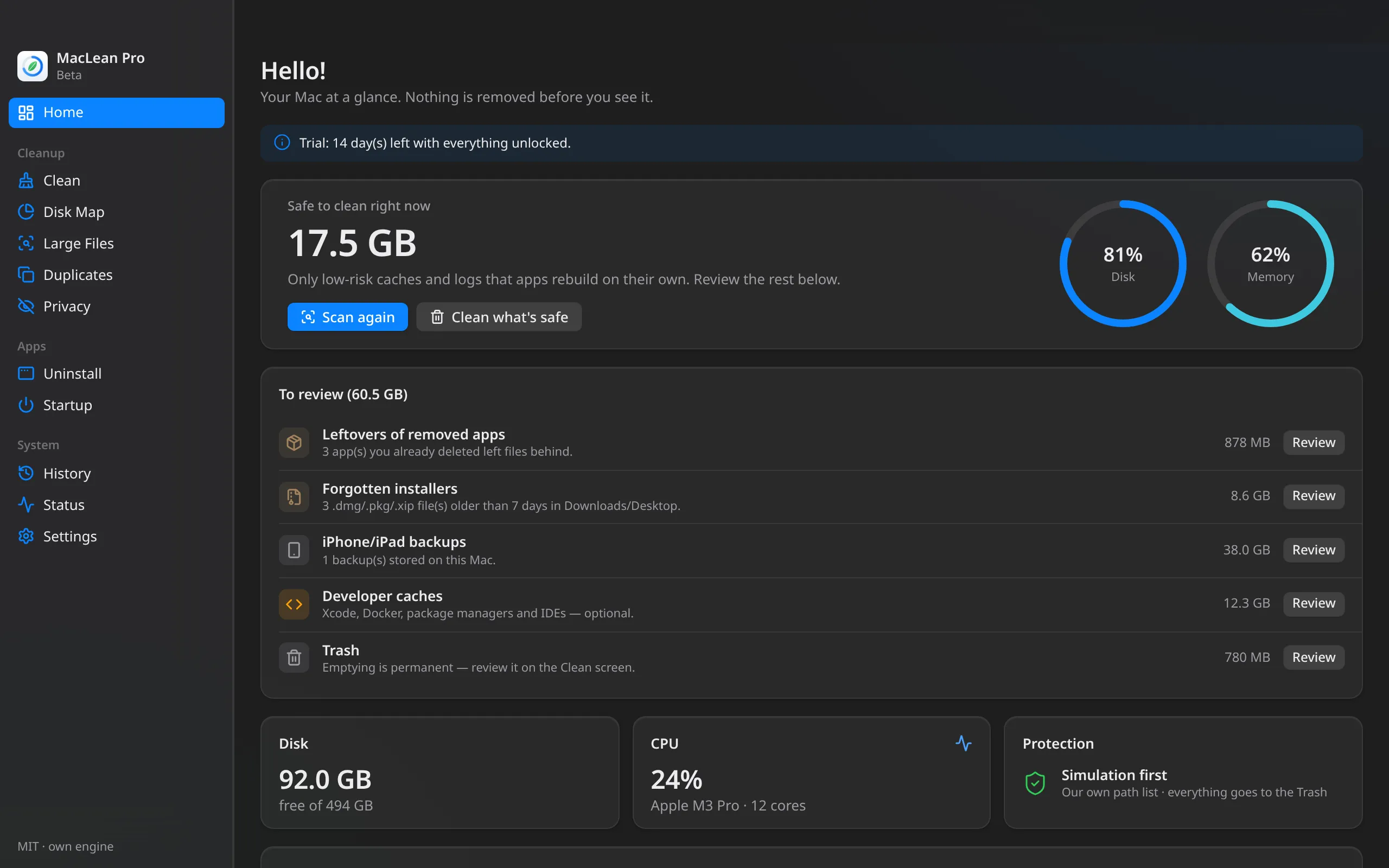 MacLean Pro — One-click scan